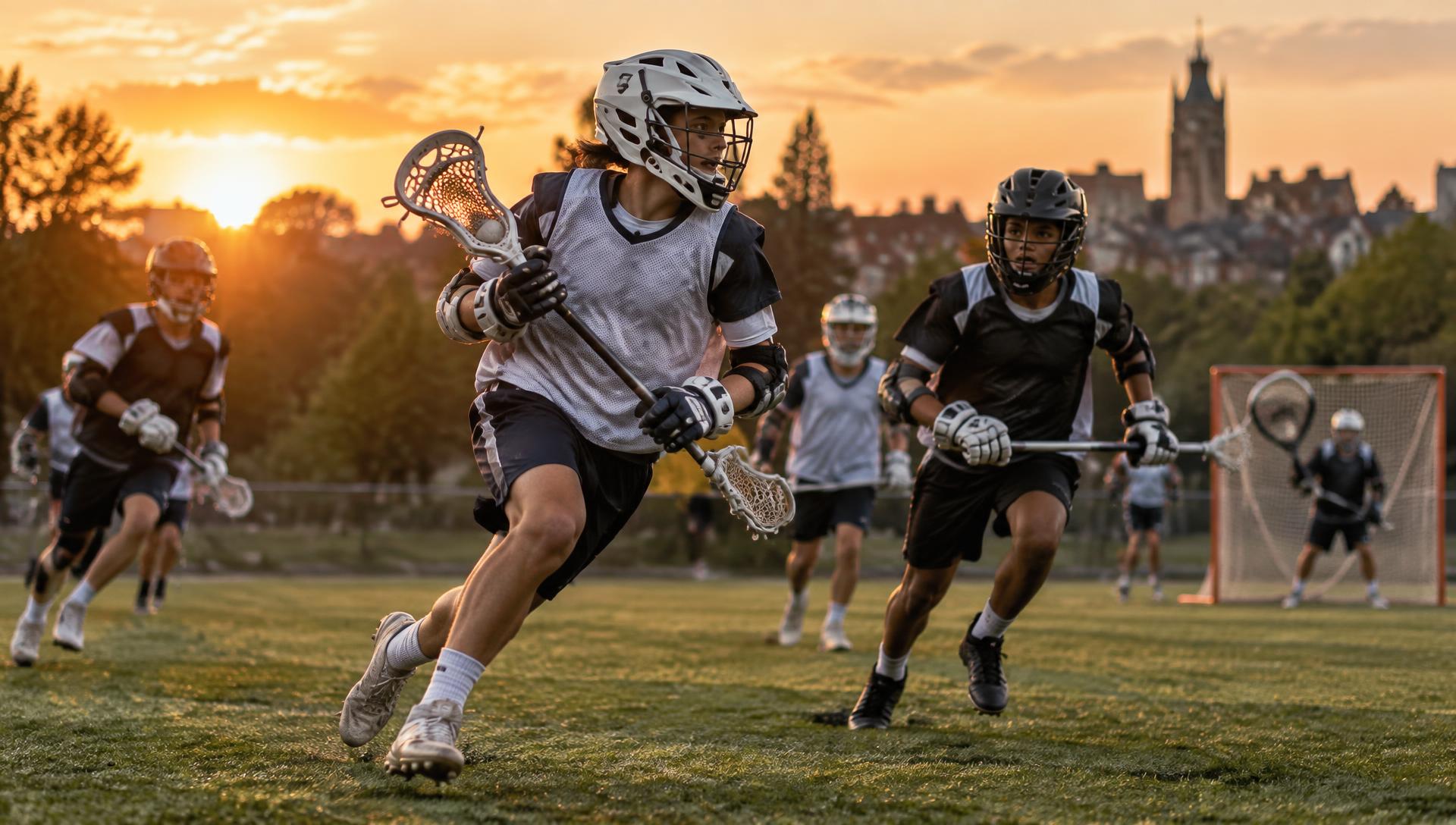 Youth lacrosse players competing at sunset